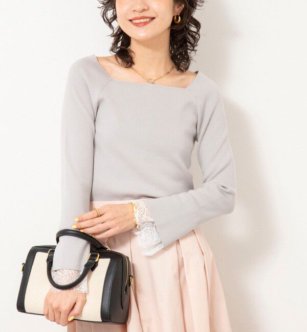 NOLLEY'S sophi「《手洗い可能》袖口レース取り外し可総針スクエアネックプルオーバー」|ニット・セーター|ライトグレー