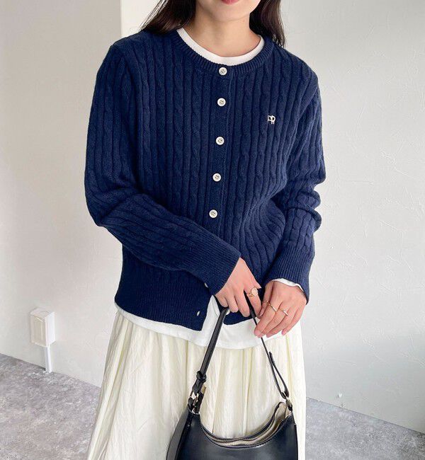 fredy emue「ウール混FR刺繍ケーブル柄カーディガン」|ニット・セーター|ネイビー