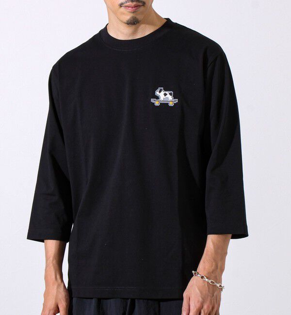 GLOSTER「【GLOSTER/グロスター】デジブル 七分袖Tシャツ ドット刺繍」|Tシャツ・カットソー|ブラック