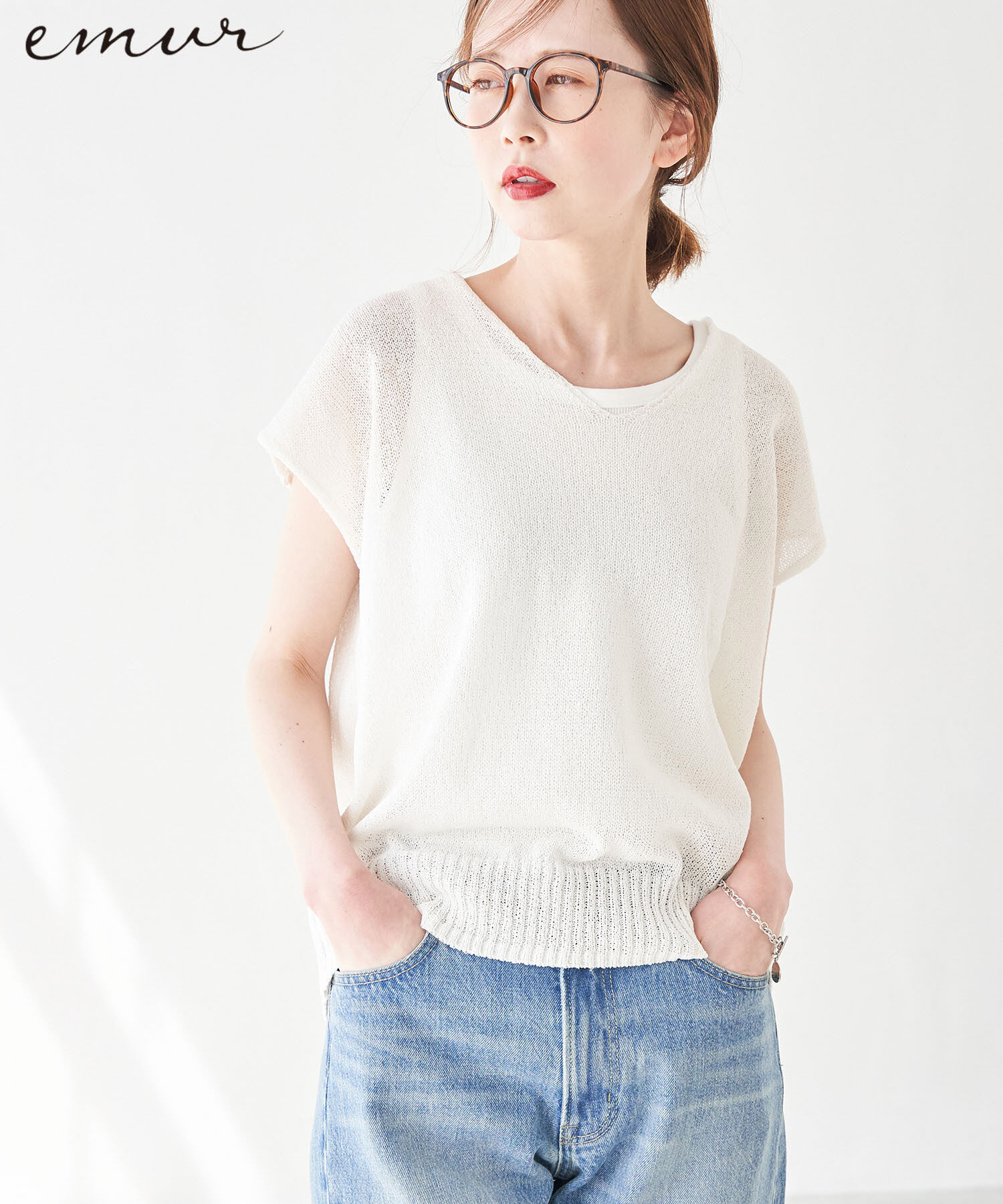 Rope&rsquo;Picnic「【emur】TSUMUGI和紙混Vネックニットプルオーバー」|ニット・セーター|オフホワイト(15)