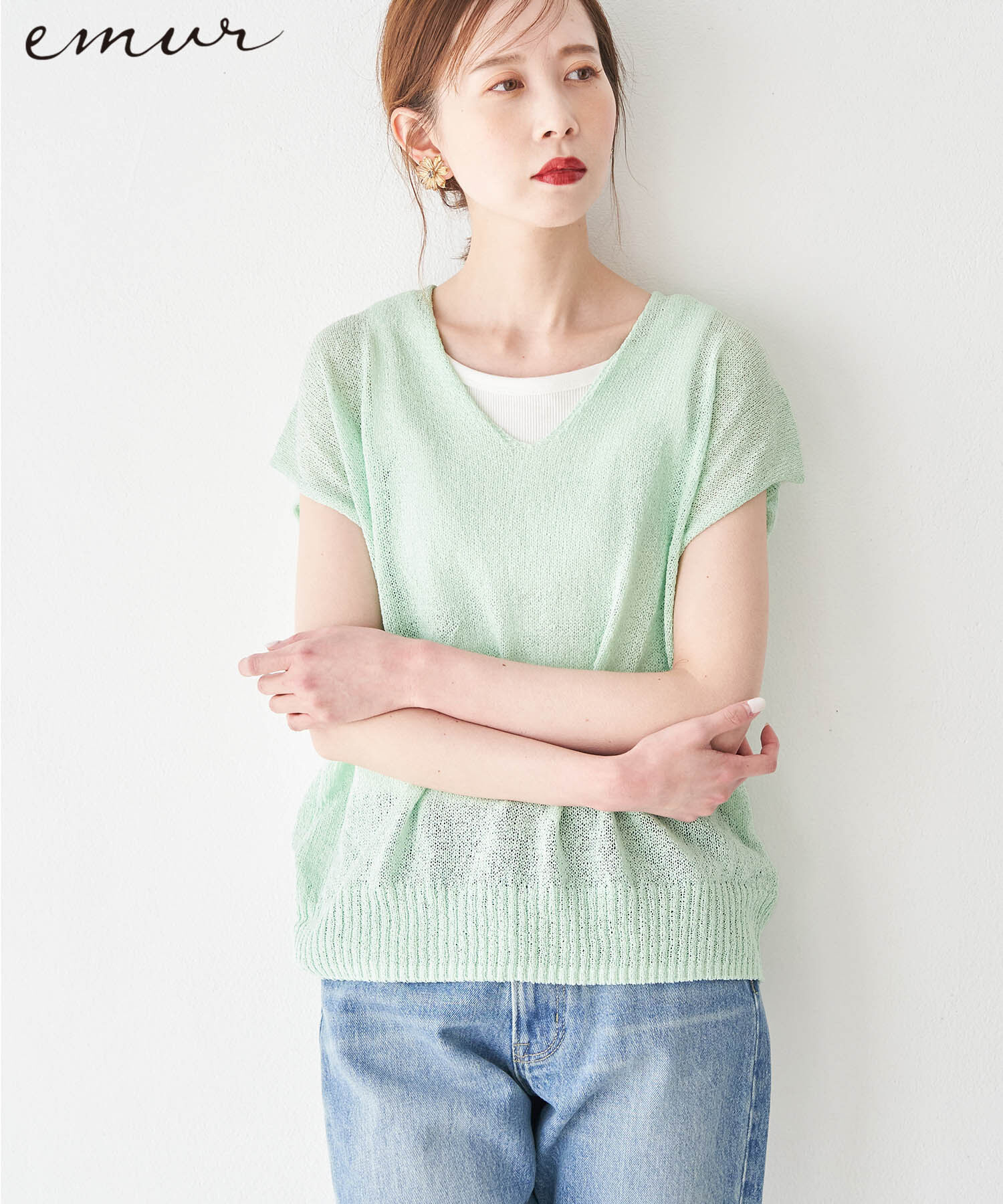 Rope&rsquo;Picnic「【emur】TSUMUGI和紙混Vネックニットプルオーバー」|ニット・セーター|ライトグリーン(33)