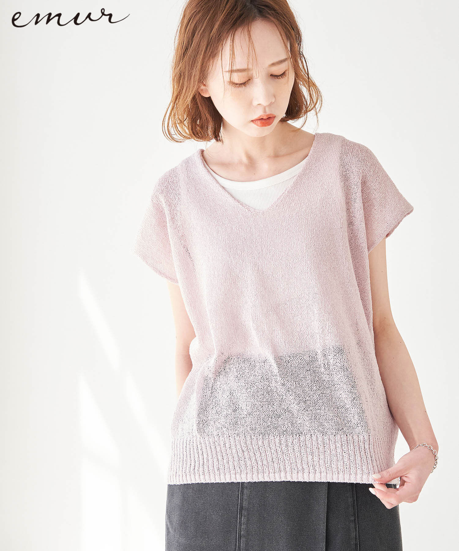 Rope&rsquo;Picnic「【emur】TSUMUGI和紙混Vネックニットプルオーバー」|ニット・セーター|ローズピンク(64)