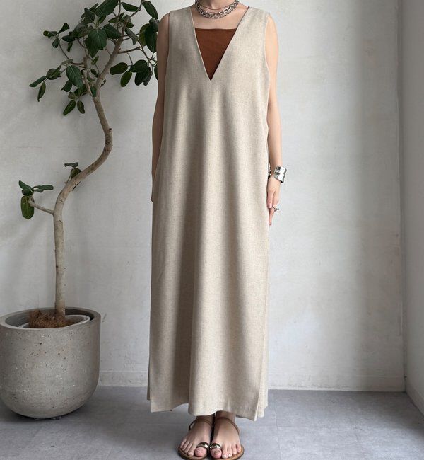  「【WEB限定】リネン混深Vジャンスカ」|ワンピース|