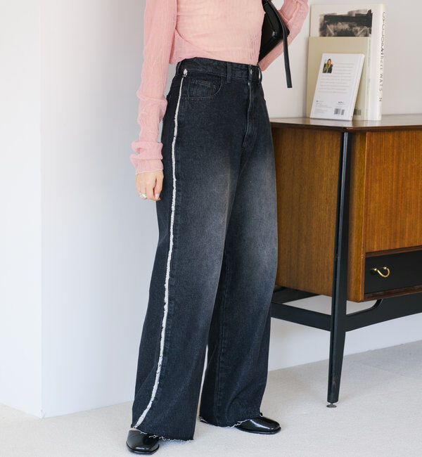  「【-5㎏細見え/2サイズ展開/低身長サイズ】フリンジデニムパンツ」|デニム|