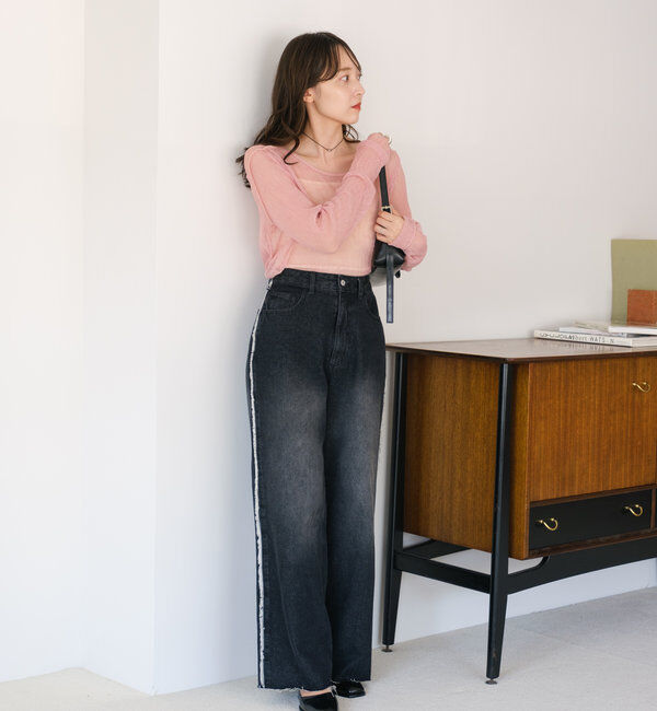  「【-5㎏細見え/2サイズ展開/低身長サイズ】フリンジデニムパンツ」|デニム|