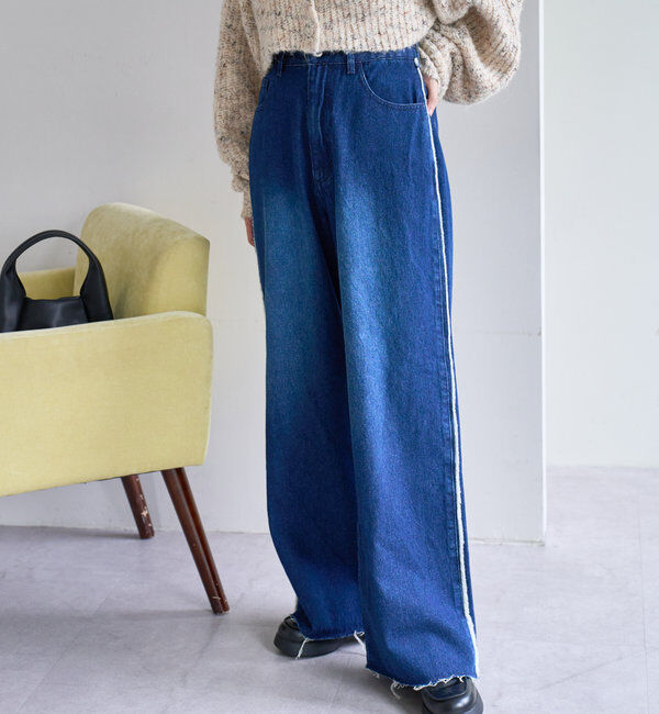  「【-5㎏細見え/2サイズ展開/低身長サイズ】フリンジデニムパンツ」|デニム|