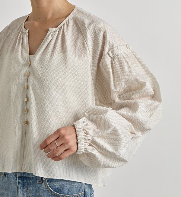  「【着映え】ストライプギャザーブラウス」|シャツ・ブラウス|