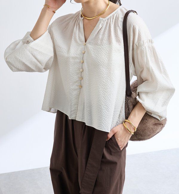  「【着映え】ストライプギャザーブラウス」|シャツ・ブラウス|