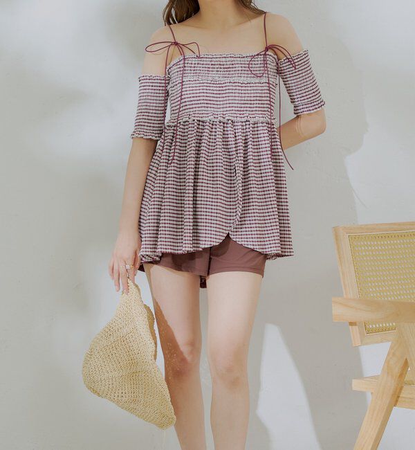  「【水着】シャーリングオフショル3点セット」|ビキニ|