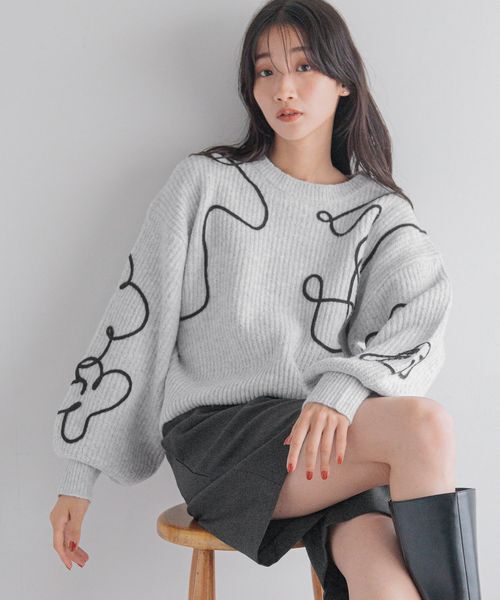 LOWRYS FARM「エンブロイダリーニップルオーバーＬＳ」|ニット・セーター|グレー２