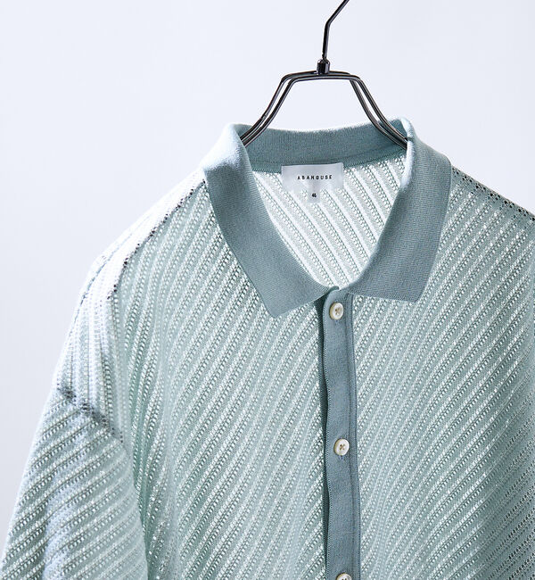 ABAHOUSE「【透かし編み】バイアス メッシュニットポロ  / ニットシャツ」|カーディガン|