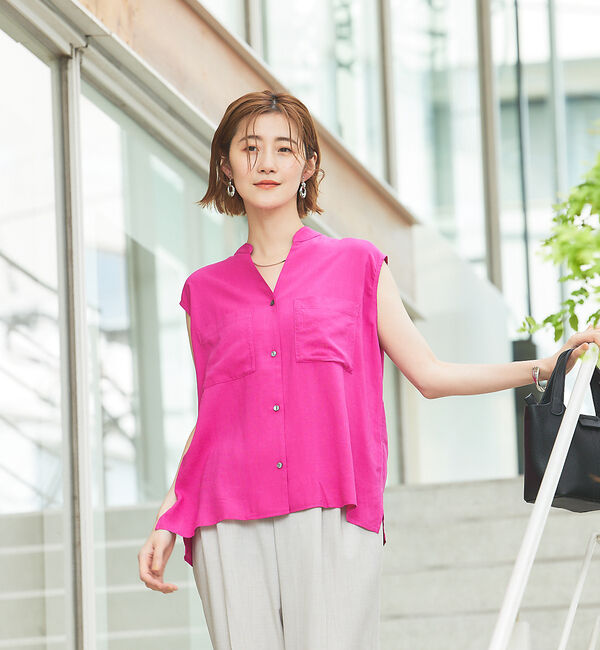 abahouse mavie「レーヨンリネンノースリーブシャツ」|シャツ・ブラウス|ピンク