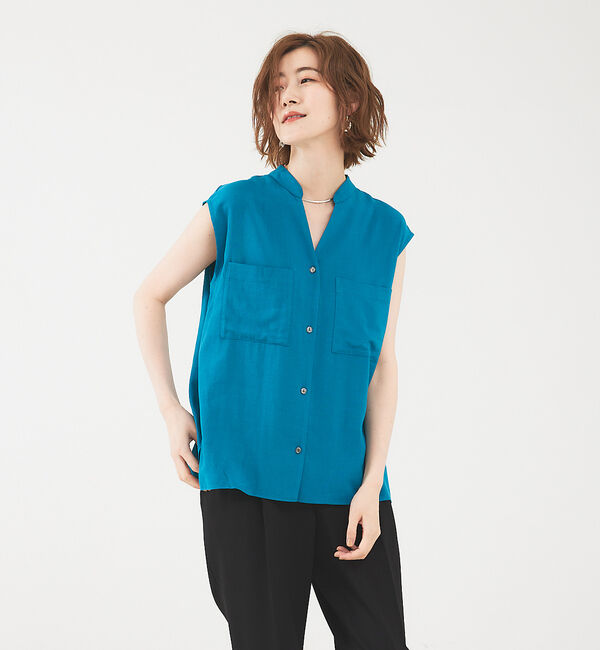 abahouse mavie「レーヨンリネンノースリーブシャツ」|シャツ・ブラウス|ブルー