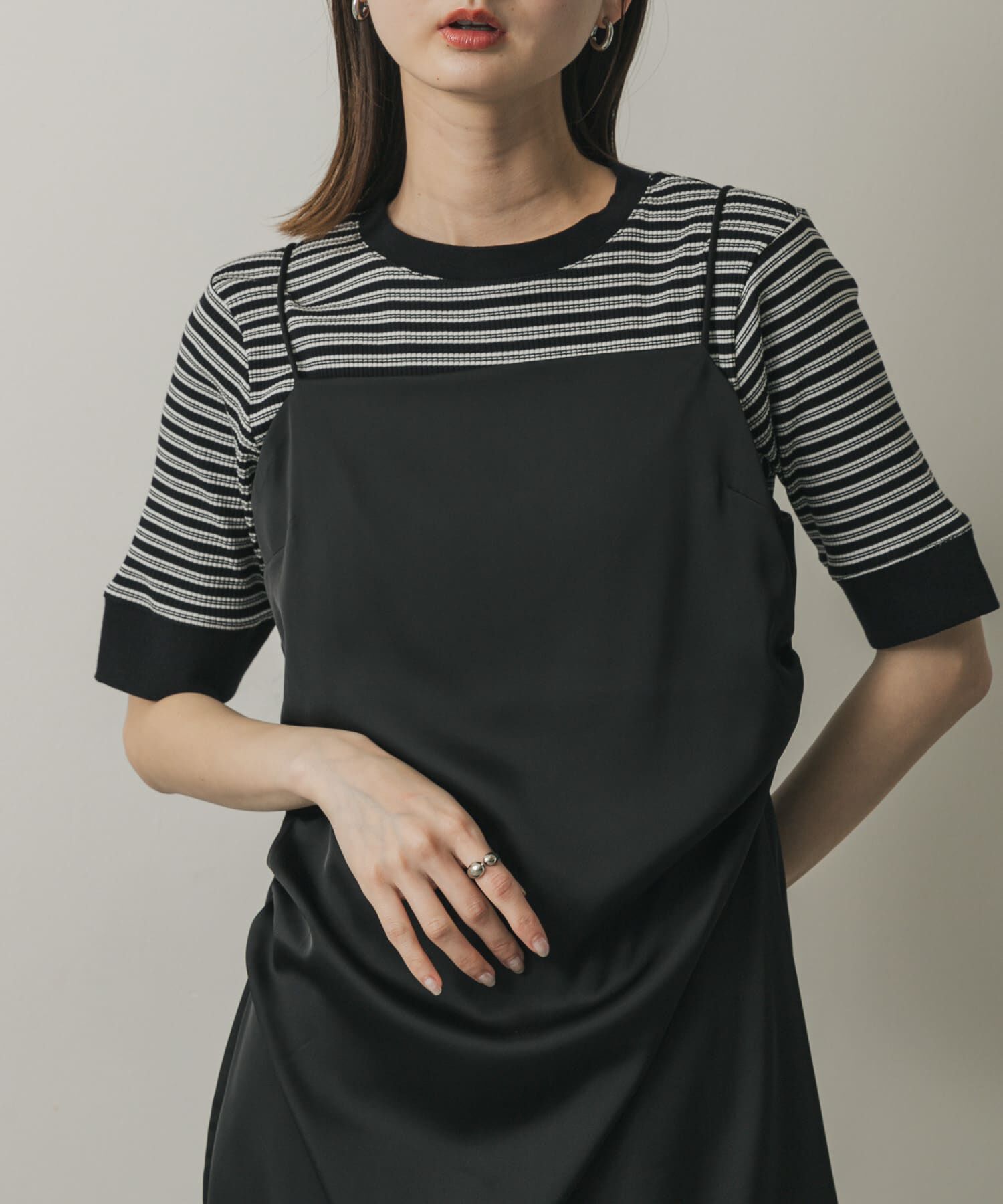 SENSE OF PLACE by URBAN RESEARCH「『一部WEB限定カラー』クルーネックリンガーボーダーTシャツ(5分袖)」|Tシャツ・カットソー|ブラック系その他