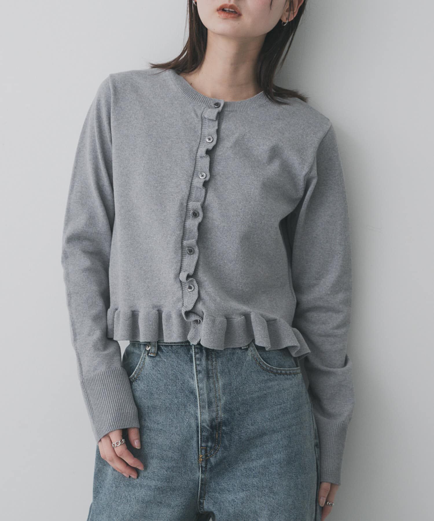 SENSE OF PLACE by URBAN RESEARCH「『洗濯可』フリルトリムニットカーディガン」|ニット・セーター|グレー