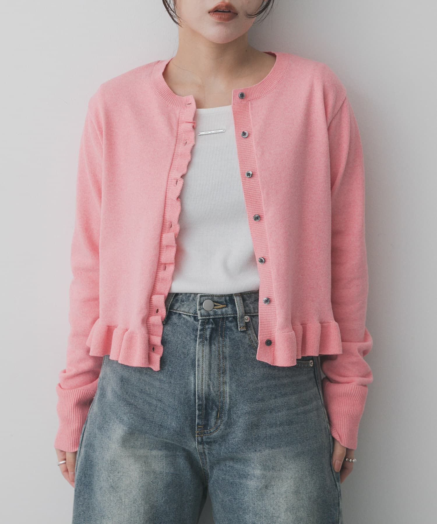 SENSE OF PLACE by URBAN RESEARCH「『洗濯可』フリルトリムニットカーディガン」|ニット・セーター|ピンク