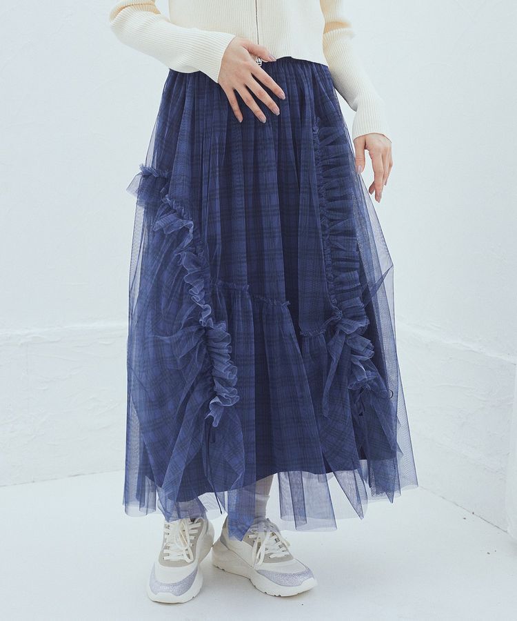 earth music&ecology「チュールアシンメトリーフリルスカート」|フレア|