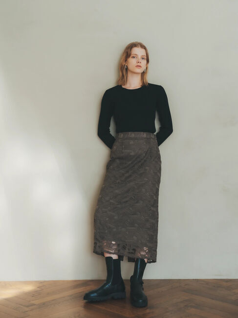 YECCA VECCA「幾何柄レースロングナロースカート」|スカート|カーキ