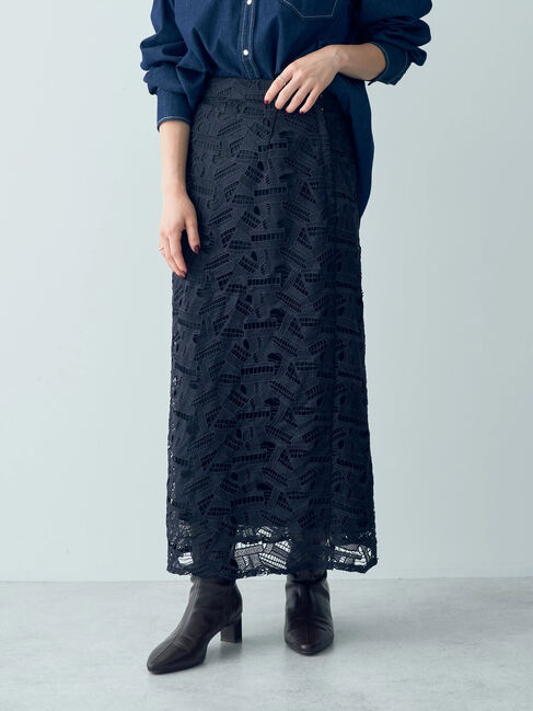 YECCA VECCA「幾何柄レースロングナロースカート」|スカート|ネイビー