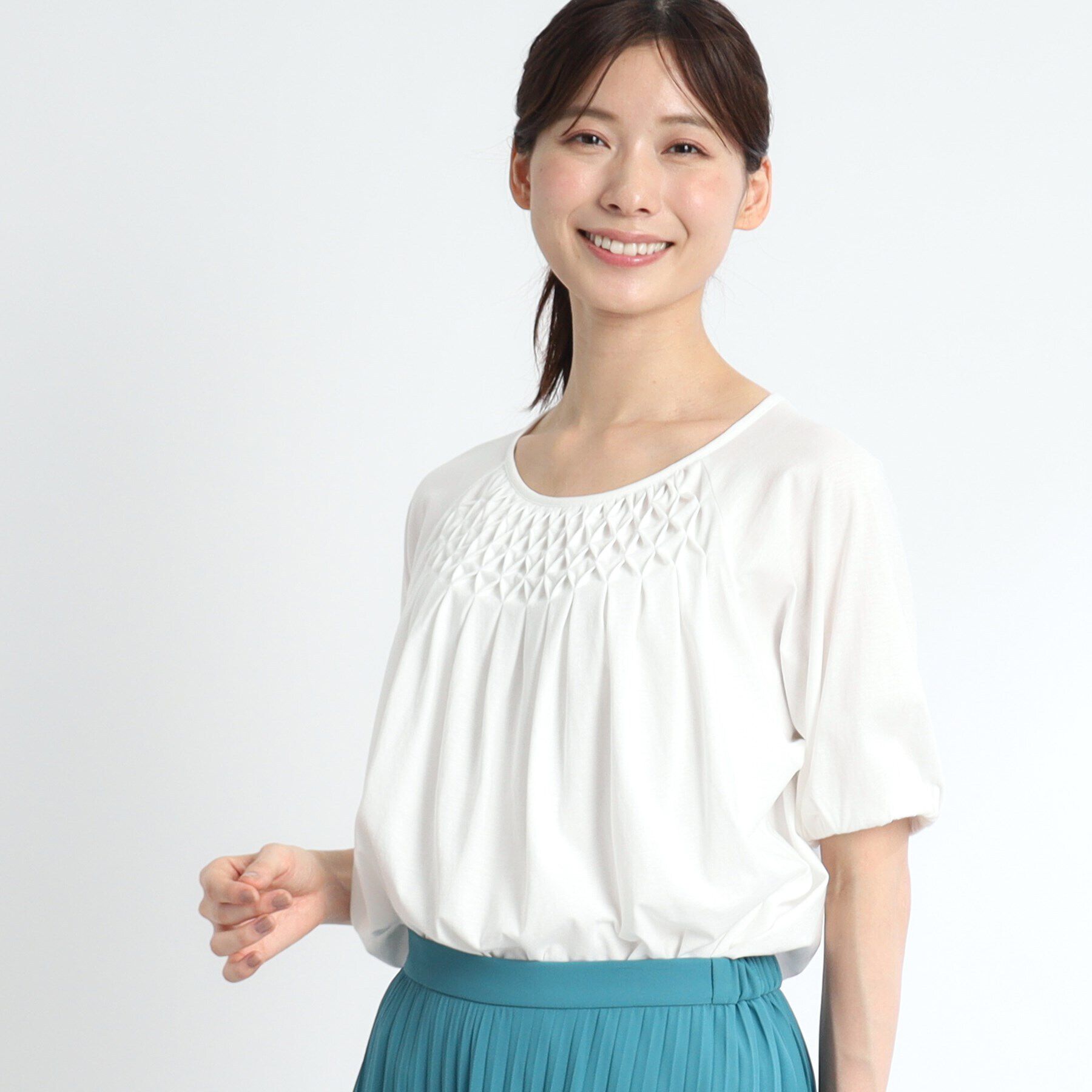 Reflect「【SALE／接触冷感／洗える】スモッキング刺繍ジャージブラウス」|Tシャツ・カットソー|