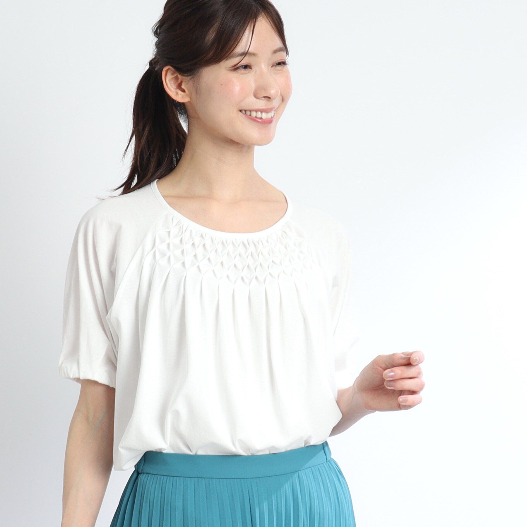 Reflect「【SALE／接触冷感／洗える】スモッキング刺繍ジャージブラウス」|Tシャツ・カットソー|