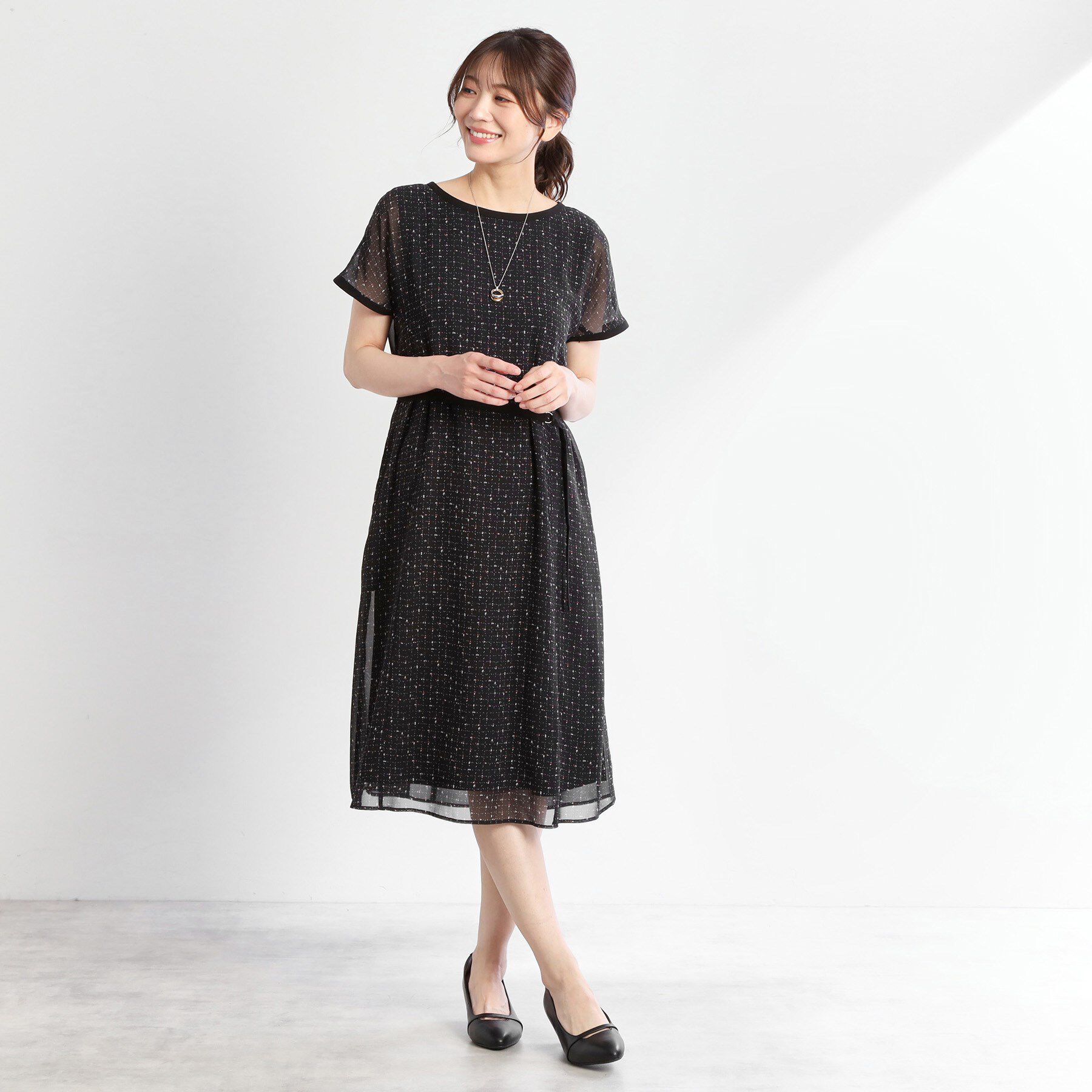 Reflect「【WEB先行カラーあり／マシンウォッシュ可／ナローベルト付き】オフボディツイードチェックワンピース」|ワンピース|