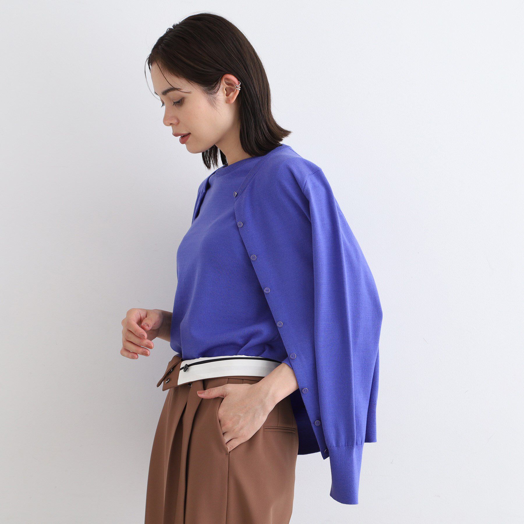 INDIVI「【ウール100%/アンサンブル可】エクストラファインメリノ クルーネックカーディガンニット」|カーディガン|