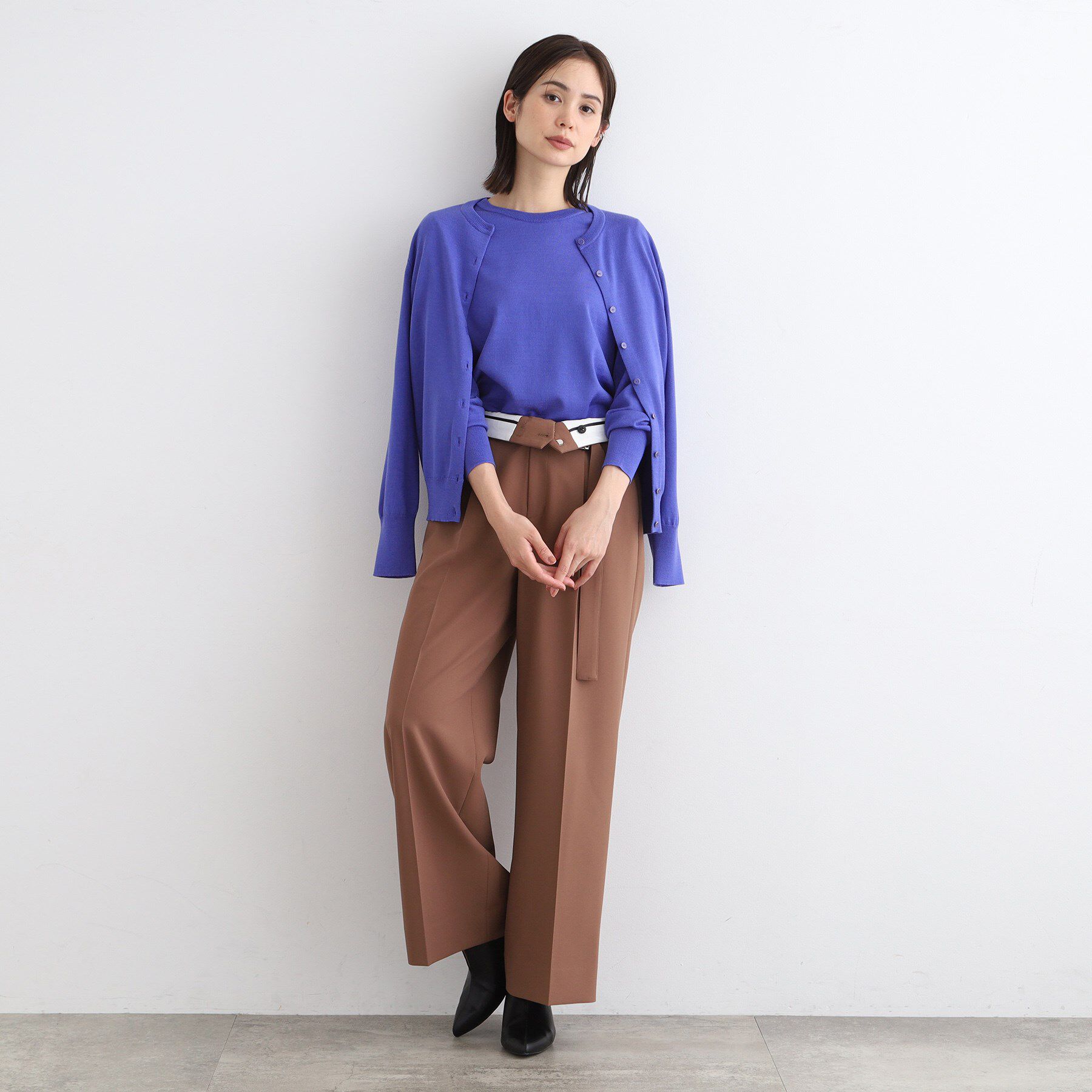 INDIVI「【ウール100%/アンサンブル可】エクストラファインメリノ クルーネックカーディガンニット」|カーディガン|