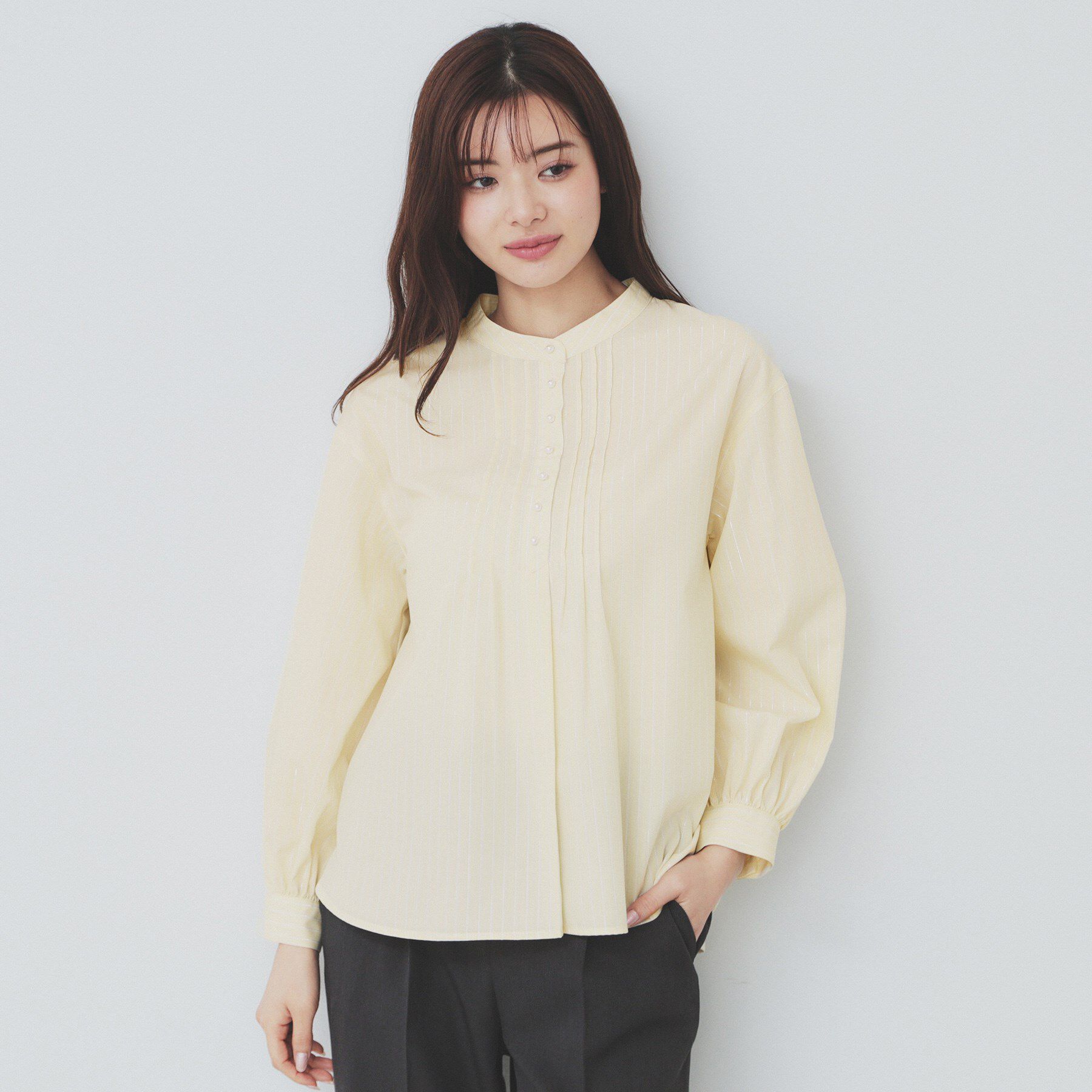 index「《6color》ラメラインバンドカラーシャツ【洗濯機洗い可/イージーアイロン/防シワ】」|シャツ・ブラウス|ライトイエロー(83