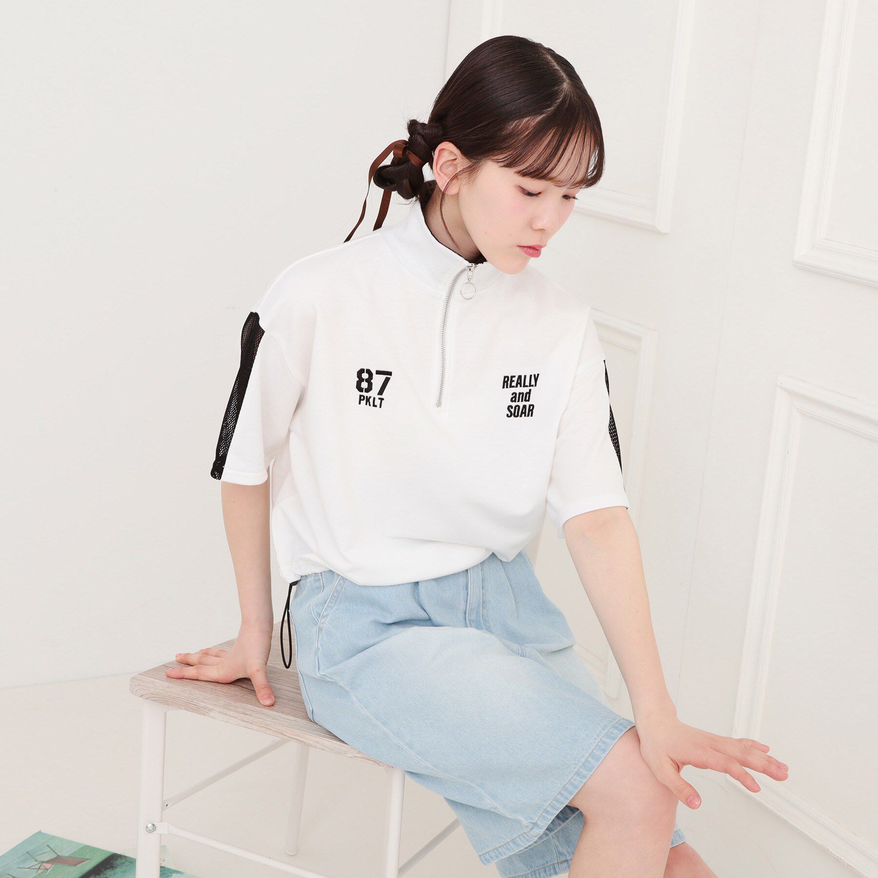 PINK-latte「メッシュ切替ハーフジッププルオーバー」|Tシャツ・カットソー|