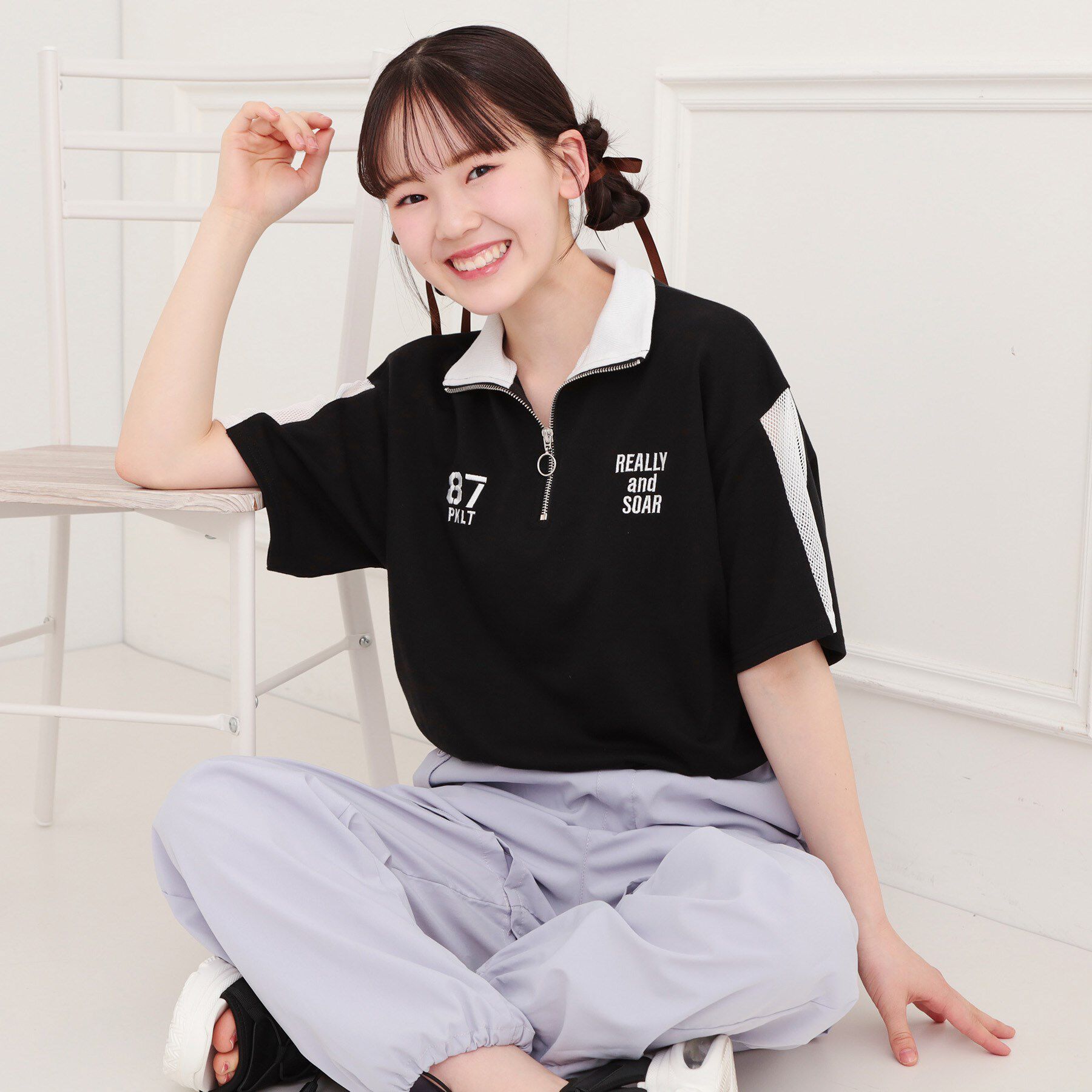 PINK-latte「メッシュ切替ハーフジッププルオーバー」|Tシャツ・カットソー|ブラック(019)