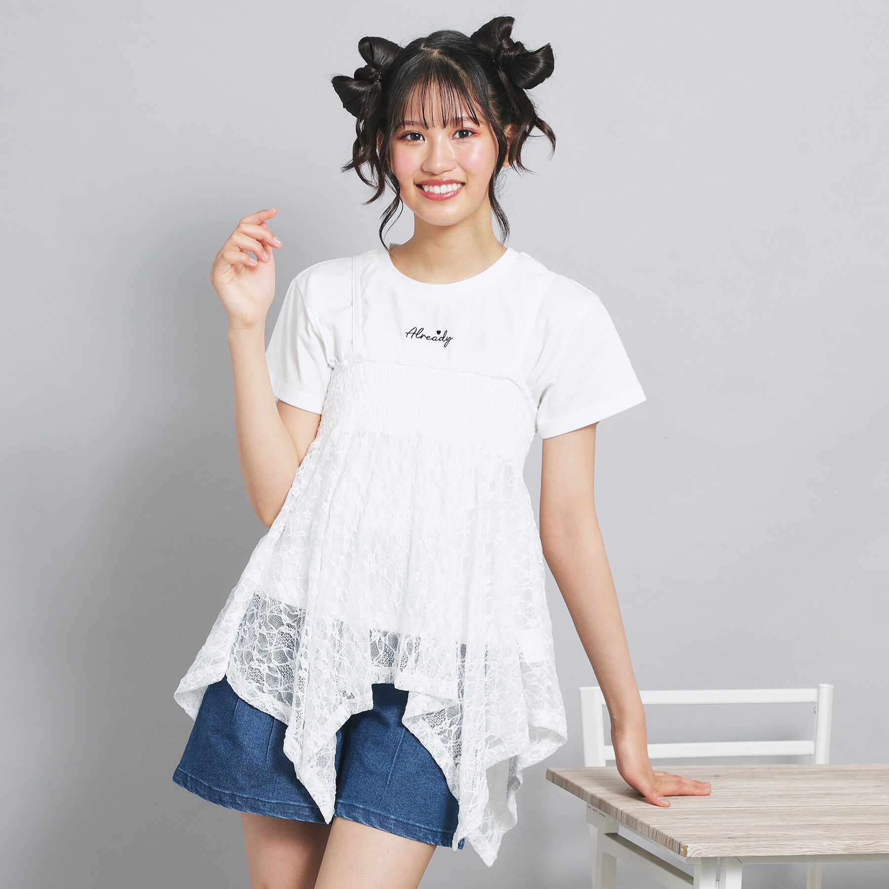 PINK-latte「【セットアイテム】2WAYレースビスチェ＋トップス」|Tシャツ・カットソー|オフホワイト(003