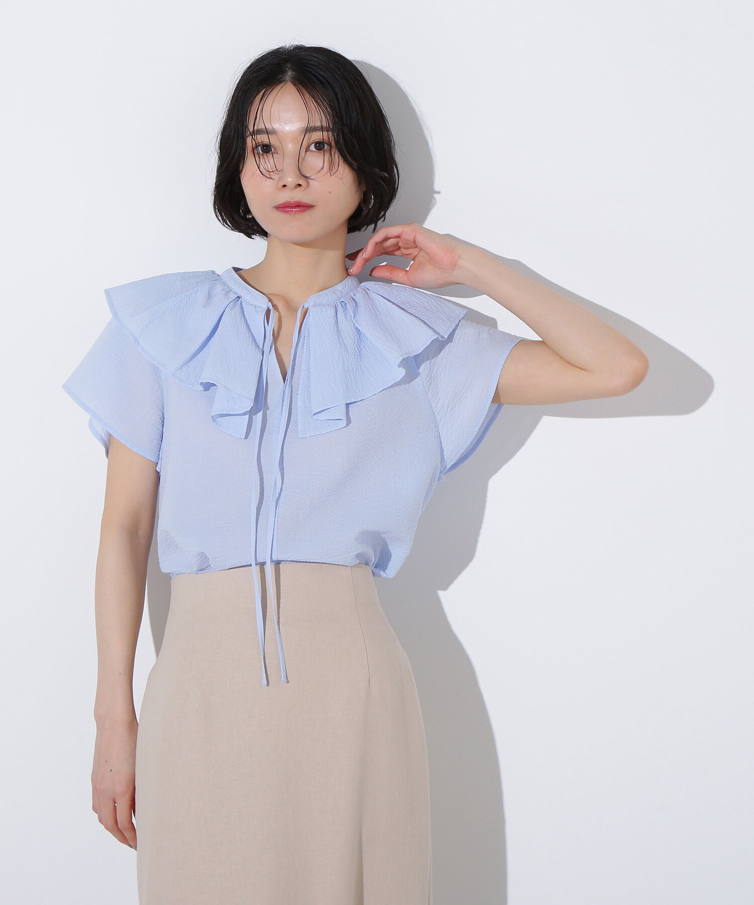  「サッカーラッフルリボンブラウス」|シャツ・ブラウス|ブルー