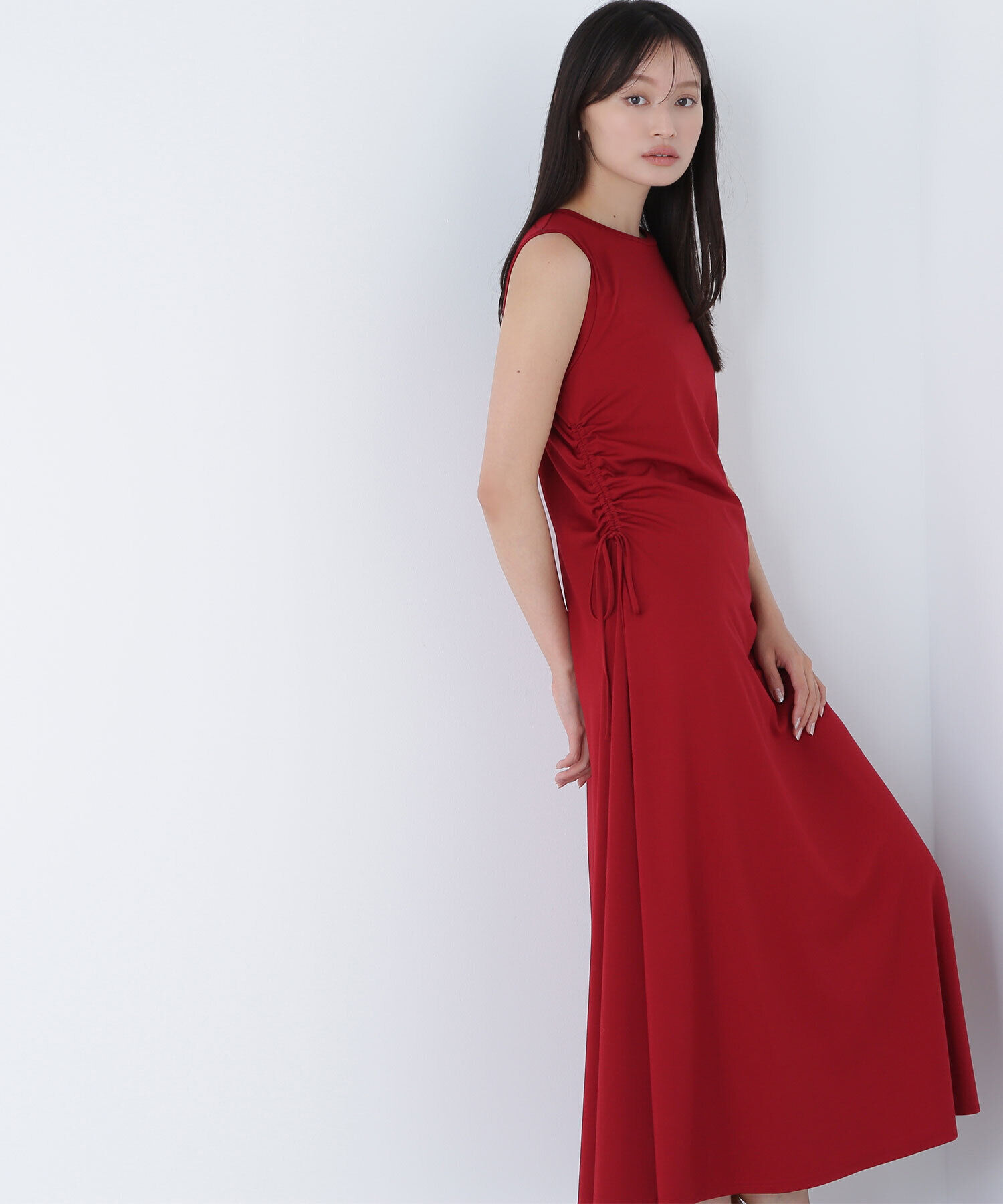  「サイドギャザーカットソーワンピース」|ワンピース|レッド