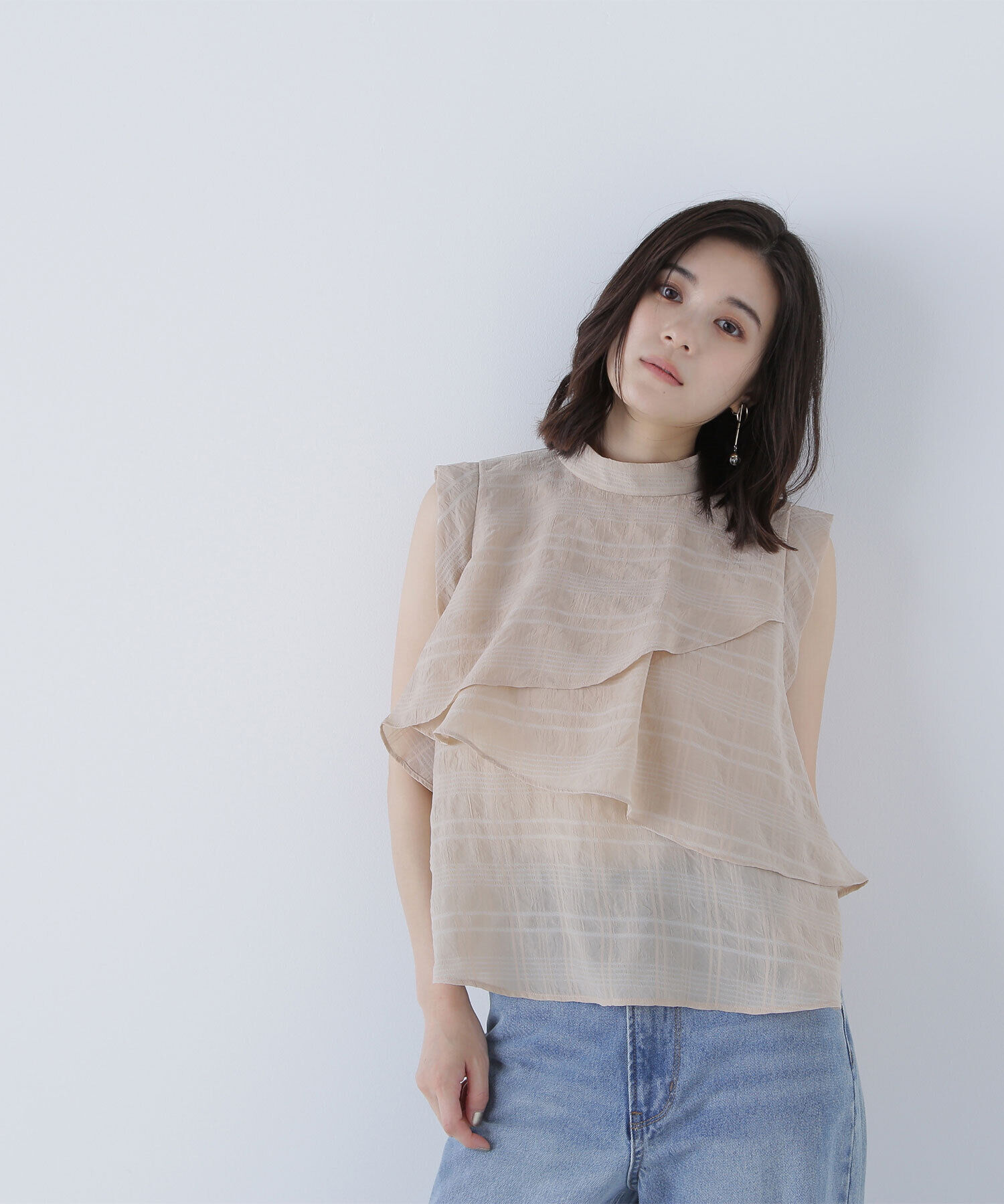  「サッカーチェックラッフルブラウス」|シャツ・ブラウス|ベージュ