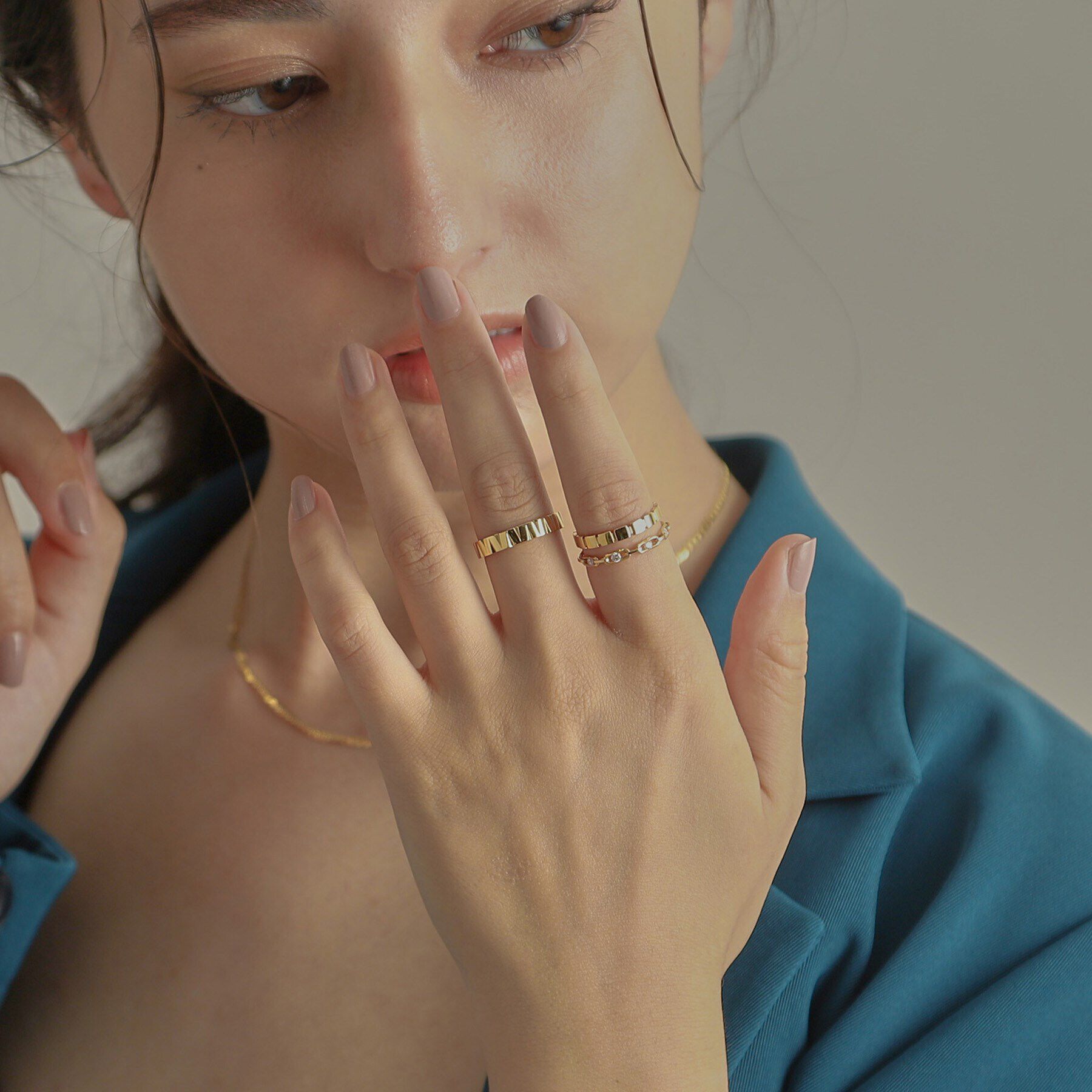 COCOSHNIK「K18ダイヤモンド ロングカットアズキチェーン リング」|リング|