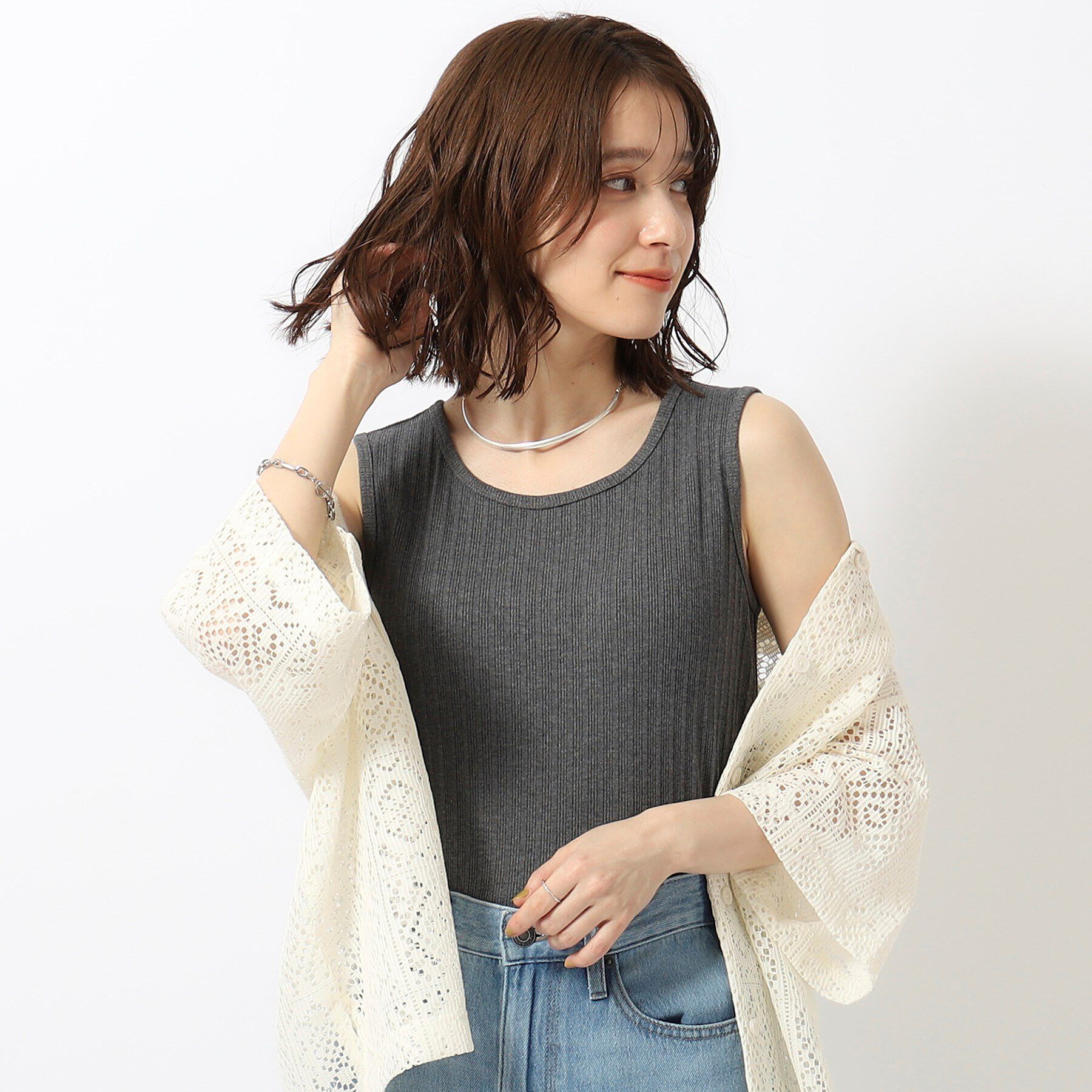 SHOO･LA･RUE「デイリー使いに ランダムテレコ タンクトップ」|キャミソール|ﾁｬｺｰﾙｸﾞﾚｰ(013)