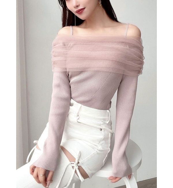 RESEXXY「バックリボンオフショルニットトップス」|ニット・セーター|ピンク