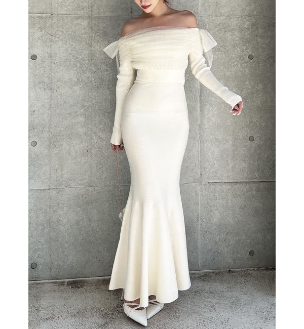 RESEXXY「【骨格ウェーブ向け】ドッキングオフショルリボンワンピース」|ワンピース|アイボリー