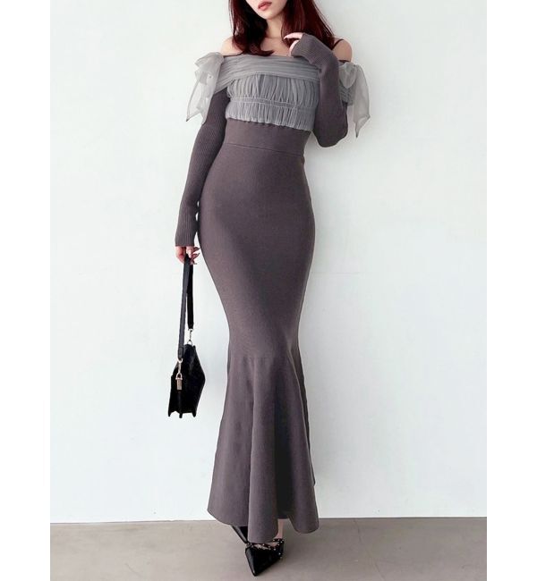 RESEXXY「【骨格ウェーブ向け】ドッキングオフショルリボンワンピース」|ワンピース|チャコールグレー