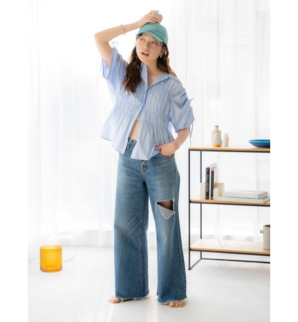 Ungrid「ギャザーデザインハーフスリーブシャツ」|シャツ・ブラウス|