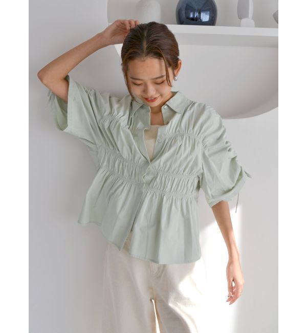 Ungrid「ギャザーデザインハーフスリーブシャツ」|シャツ・ブラウス|グリーン