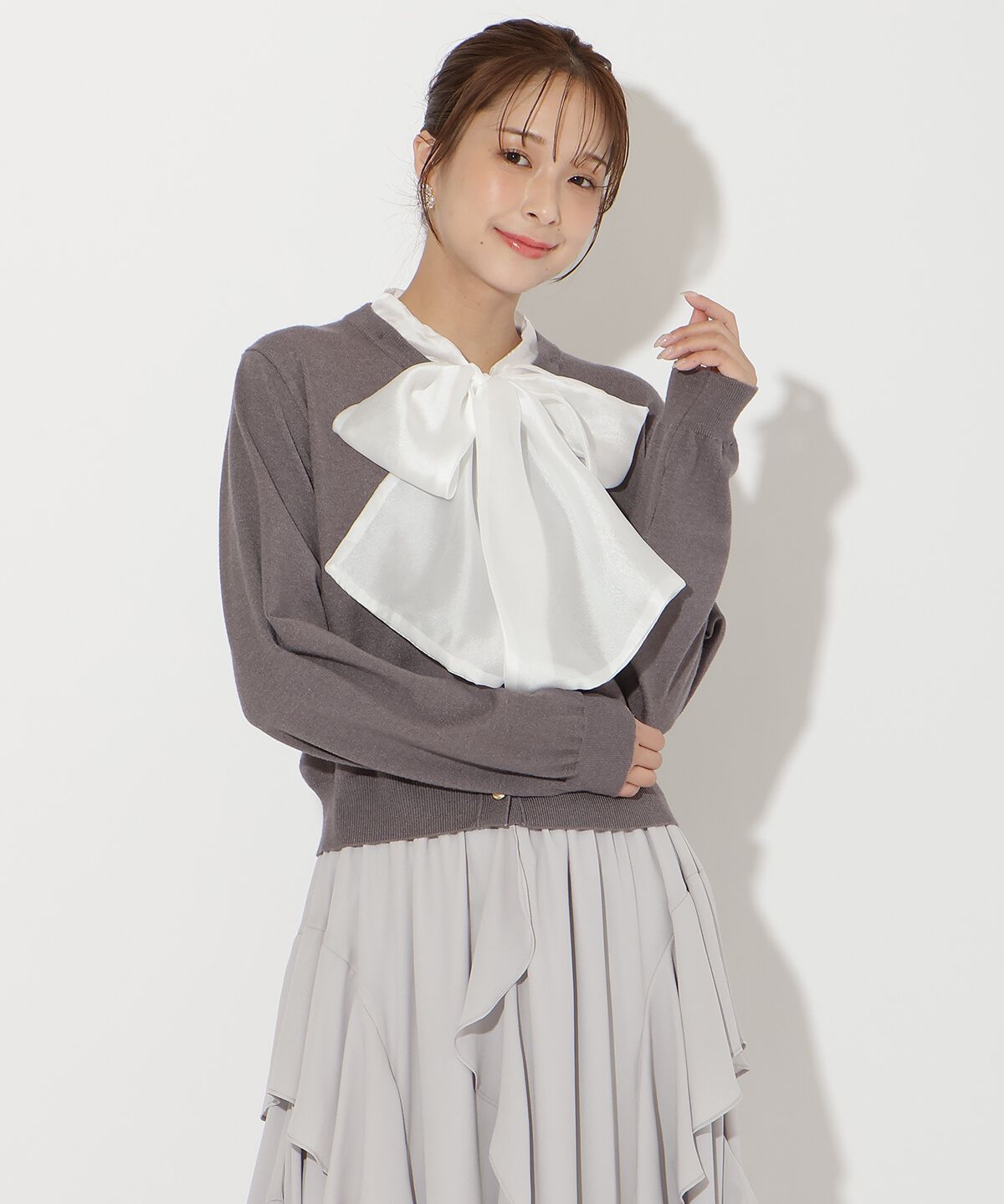 アンドクチュール「異素材リボンニットカーディガン」|カーディガン|