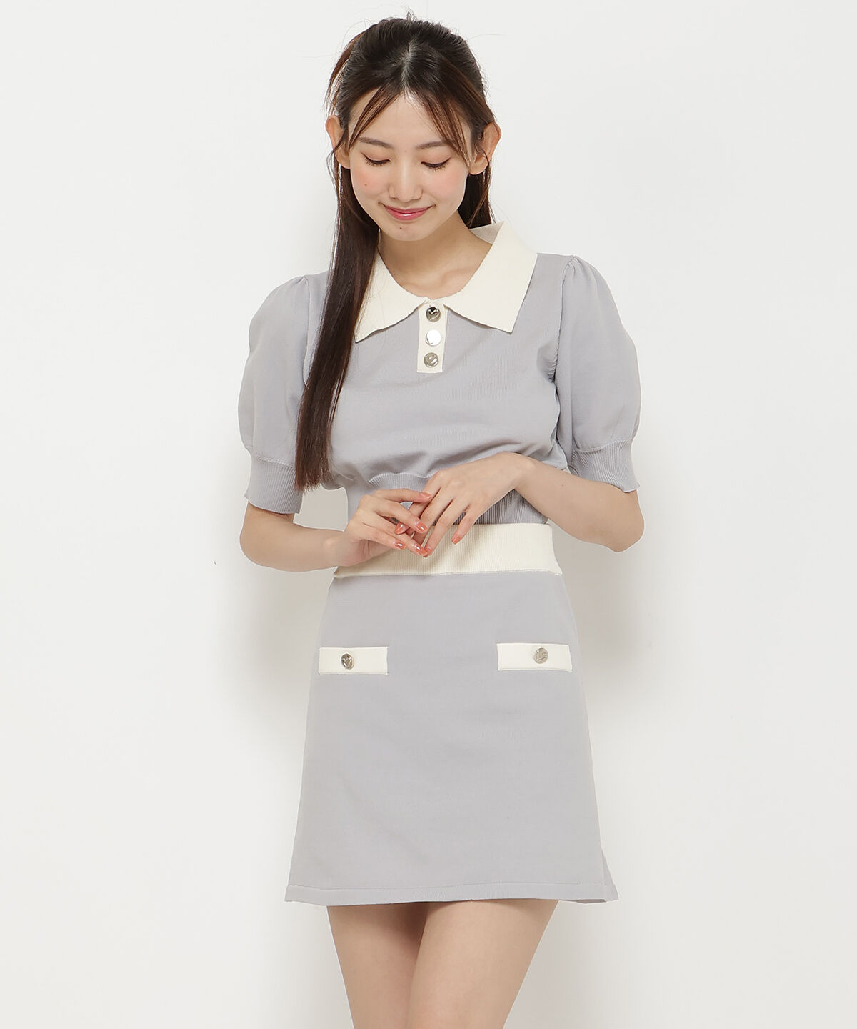 REDYAZEL「バイカラーニットミニスカート」|台形|ブルー