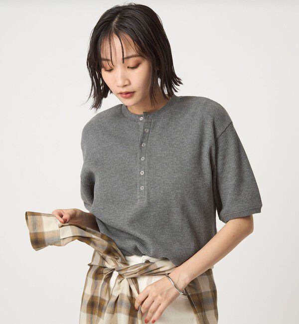 UNITED ARROWS green label relaxing「【WEB限定】＜at ease＞ワッフル ヘンリーネック 5分袖 プルオーバー カットソー」|Tシャツ・カットソー|DK.GRAY