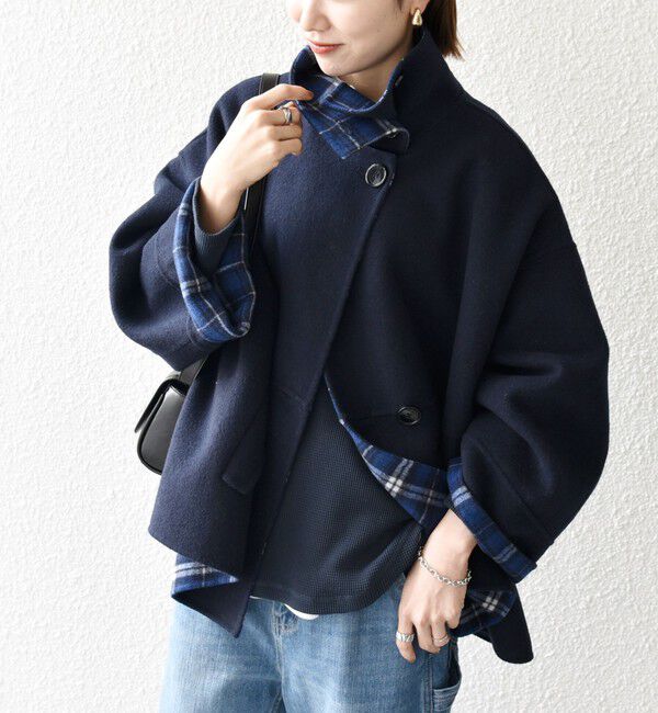 SHIPS any「《一部追加予約》【WEB限定】SHIPS any: リバー スタンドカラー ポンチョ ショート コート」|その他|ネイビー