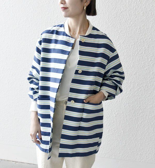 SHIPS any「SHIPS any:キャンバス ボーダー コクーン ノーカラー コート」|ノーカラーコート|