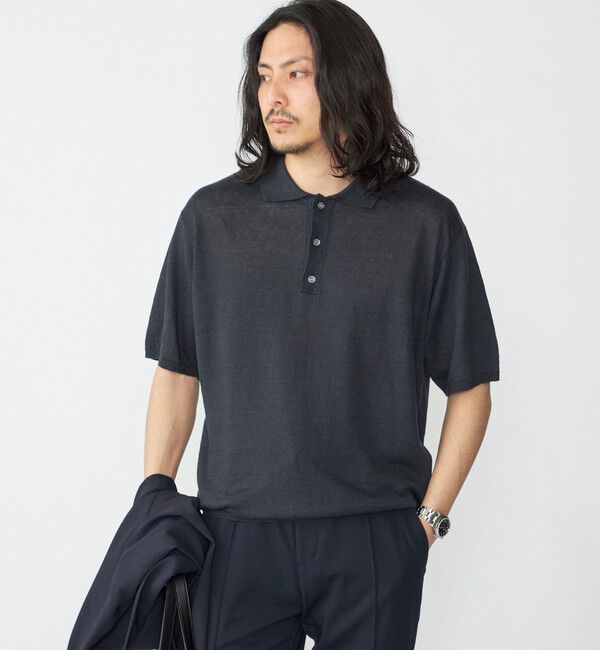 SHIPS「SHIPS:〈手洗い可能〉12ゲージ イタリー リネン ニット ポロ ショートスリーブ」|ポロシャツ|ネイビー