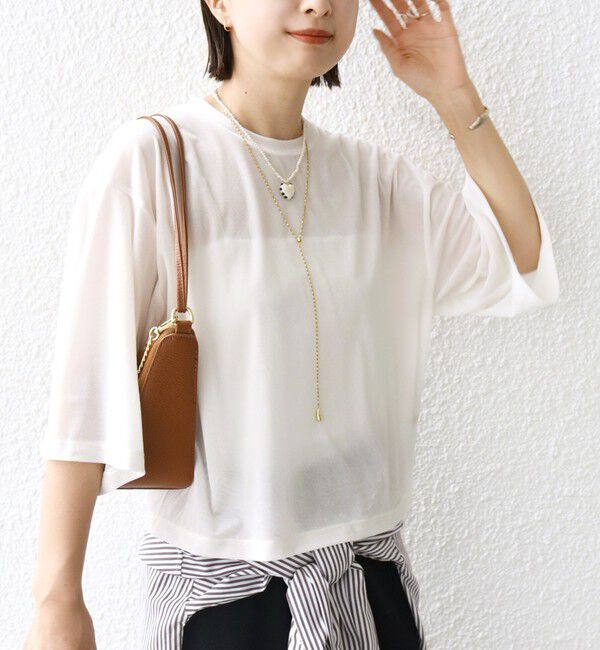 SHIPS for women「〈手洗い可能〉シアー トリコット ポリエステル ベロア 五分袖 ワイド TEE」|Tシャツ・カットソー|