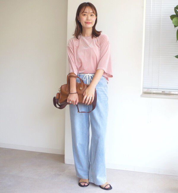 SHIPS for women「〈手洗い可能〉シアー トリコット ポリエステル ベロア 五分袖 ワイド TEE」|Tシャツ・カットソー|